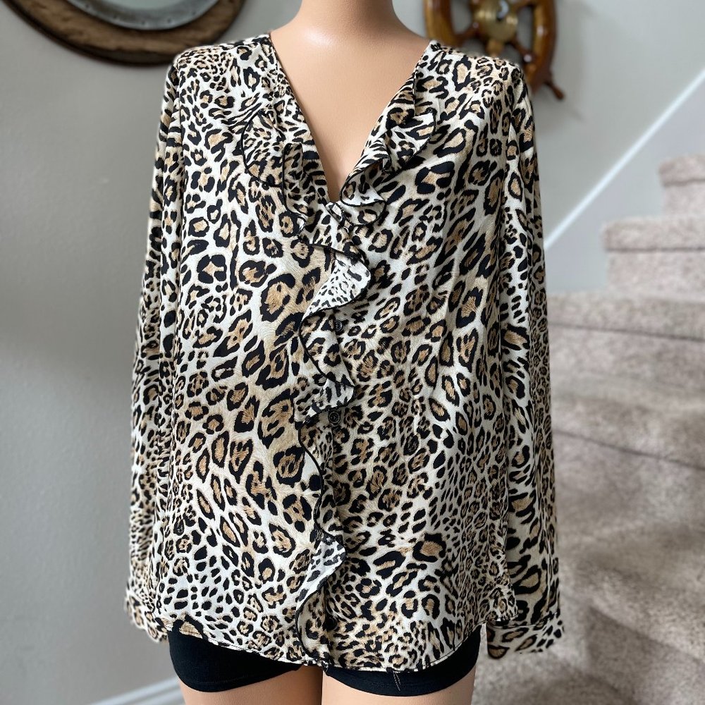 Cheetah Print Ruffle Down V-Neck Blouse